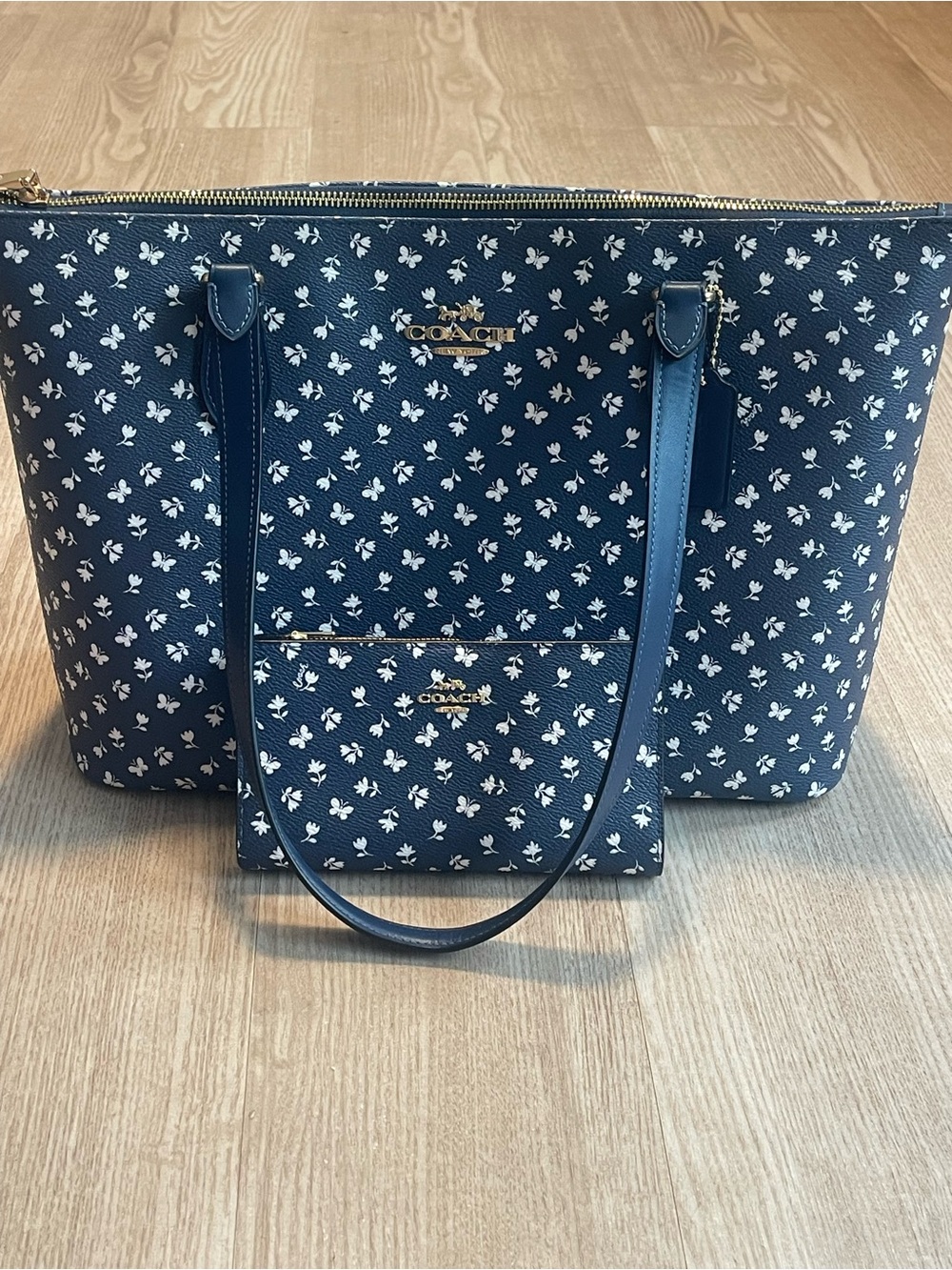 Coach Navy Blue Floral Tote with Matching Wallet